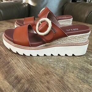 MIA Orla Cognac Brown Espadrille Platform Wedge Buckle Sandals Womens Size 9M